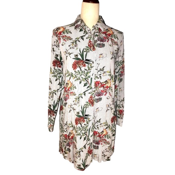 Entro Floral Shirt Dress Button Down Popover Collared Medium Pockets Tab Sleeves - Picture 2 of 15